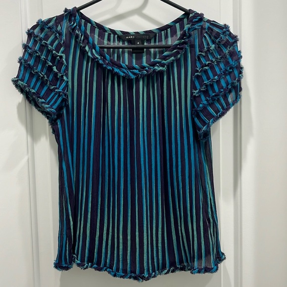 Marc Jacobs Y2K Silk Stripped Short Sleeve Blouse Sz 4 - Picture 2 of 8